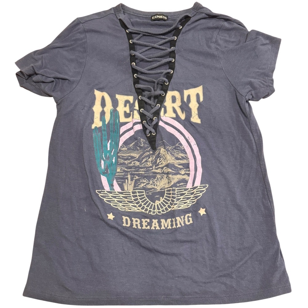 Express Gray Desert Dreaming Lace-Up Short Sleeve Tee